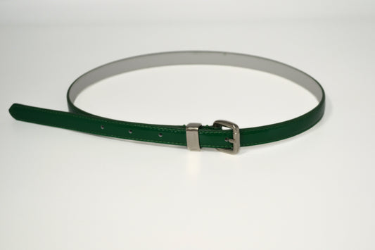 CARRIE - Womens Dark Forest Green Patent Skinny Leather Belt with Silver Buckle