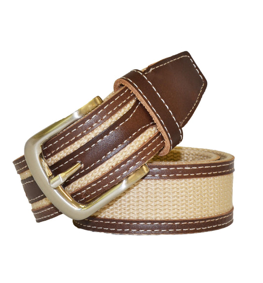 BYRON - Cotton Canvas Men's Tan Leather Belt - Belt N Bags