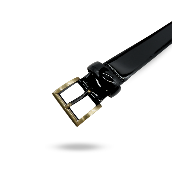 AURORA - Womens Black Genuine Leather Patent Belt with Gold Buckle