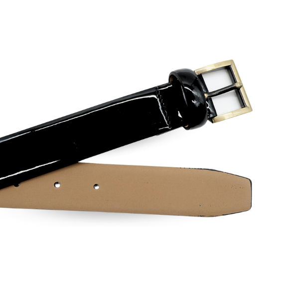 AURORA - Womens Black Genuine Leather Patent Belt with Gold Buckle
