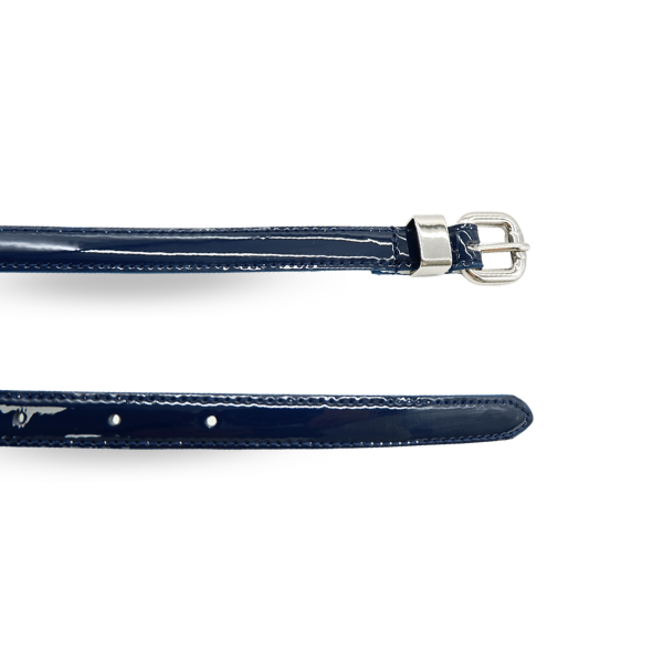 CARRIE - Womens Navy Patent Skinny Leather Belt with Silver Buckle