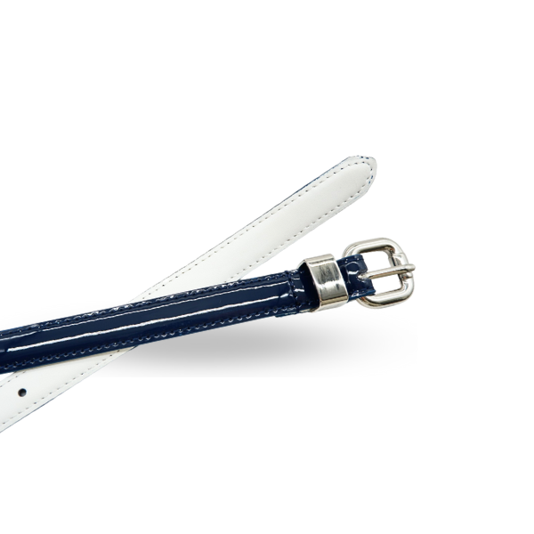 CARRIE - Womens Navy Patent Skinny Leather Belt with Silver Buckle