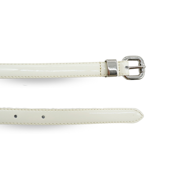 CARRIE - Womens Off-White Patent Skinny Leather Belt with Silver Buckle