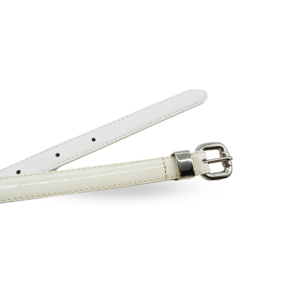 CARRIE - Womens Off-White Patent Skinny Leather Belt with Silver Buckle