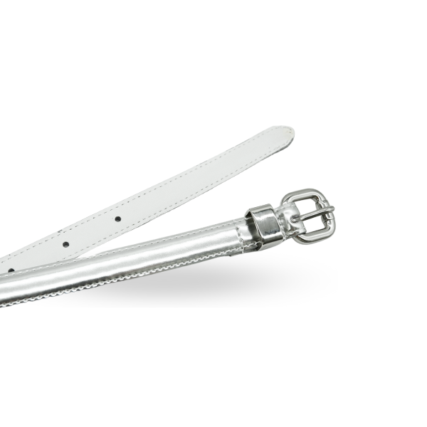 CARRIE -  Womens Silver Patent Skinny Leather Belt with Silver Buckle