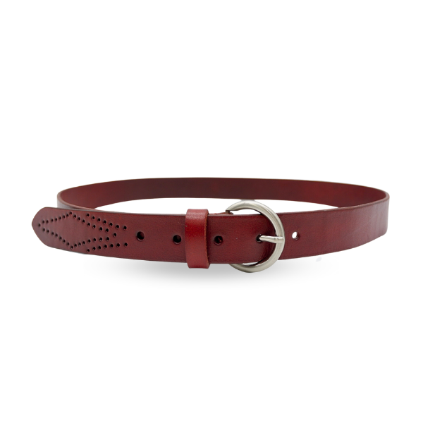 ESPERANCE - Women's Burgundy Genuine Leather Belt with Round Silver Buckle