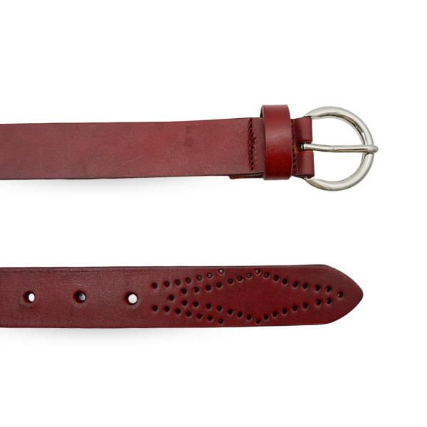 ESPERANCE - Women's Burgundy Genuine Leather Belt with Round Silver Buckle