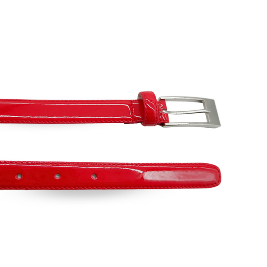 LACEY - Womens Red Skinny Genuine Leather Patent Belt with Silver Buckle