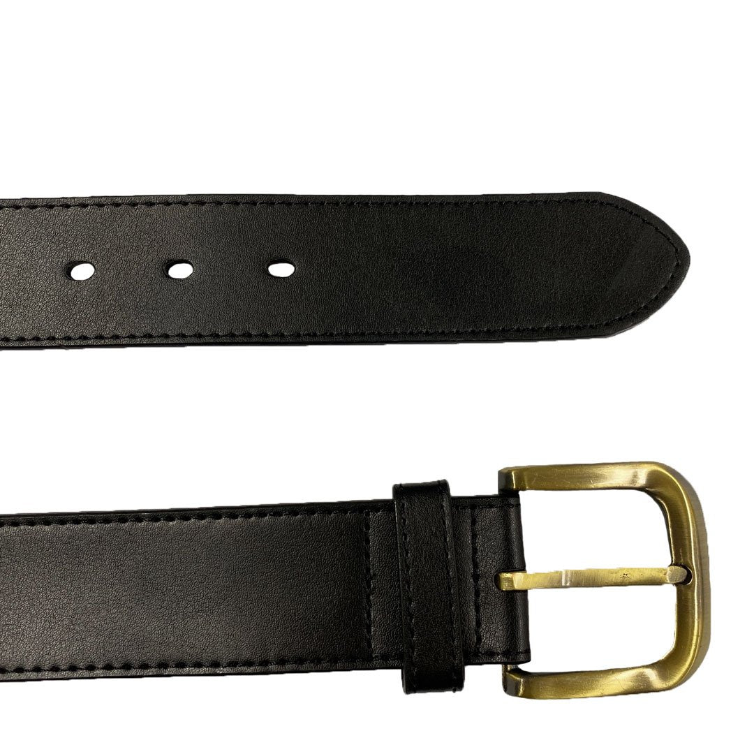 DUBBO - Mens Black Genuine Leather Belt with Antique Brushed Gold Buckle