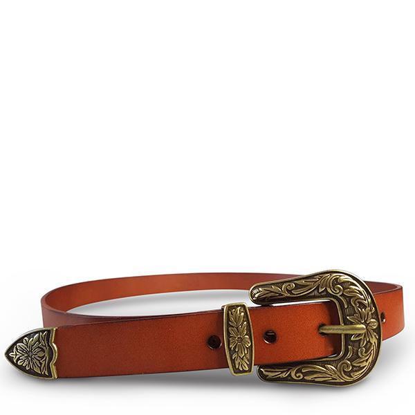 CAMDEN -  Lux Leather Brown Western Belt with Gold Floral Embossed Metal  - Belt N Bags