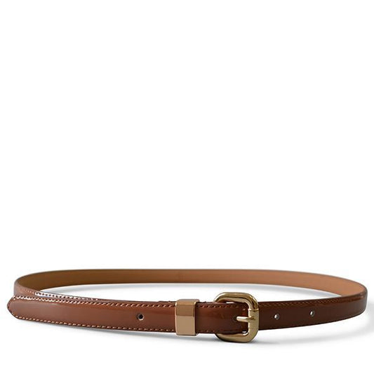 Queens Park - Tan Brown Patent Leather Skinny Belt with Gold Buckle - BeltNBags
