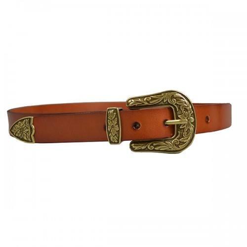 CAMDEN -  Lux Leather Brown Western Belt with Gold Floral Embossed Metal  - Belt N Bags