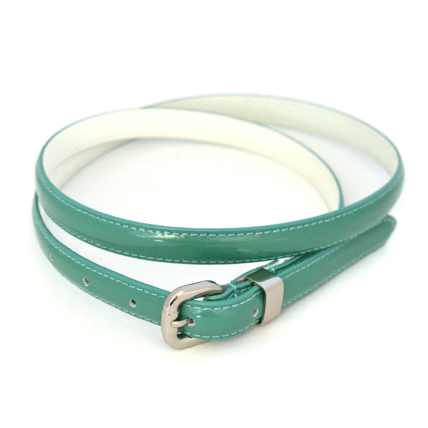 CARRIE - Womens Forest Green Patent Skinny Leather Belt with Silver Buckle - Belt N Bags