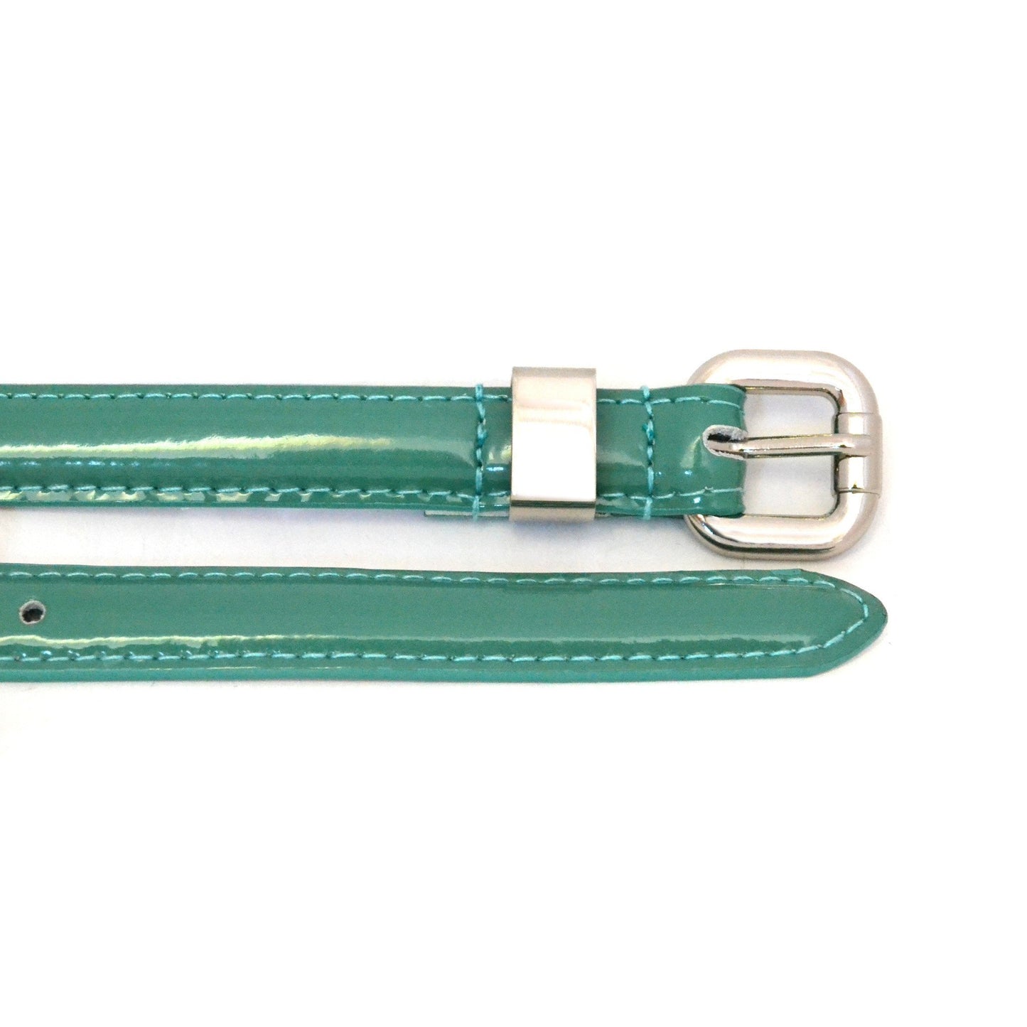 CARRIE - Womens Forest Green Patent Skinny Leather Belt with Silver Buckle - Belt N Bags