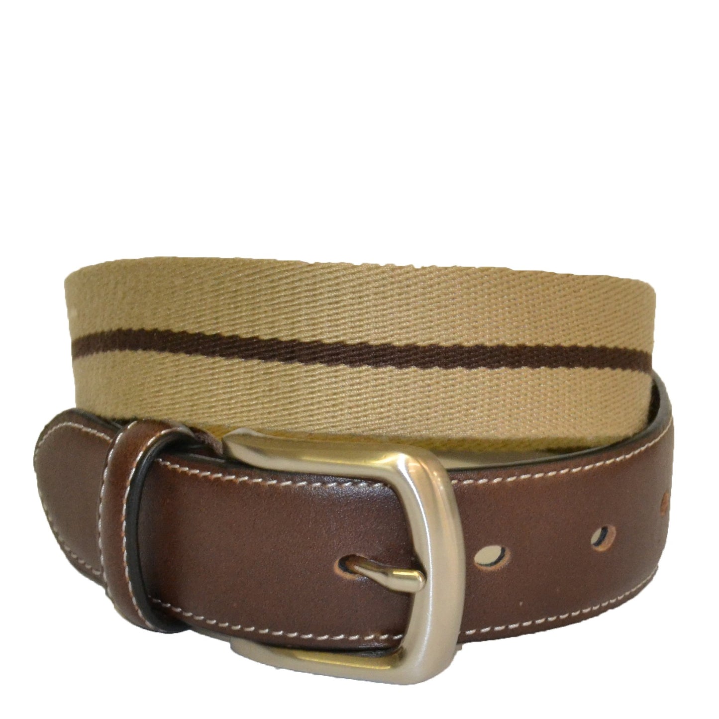 DUKE - Cotton Canvas Men's Brown Single Stripe Leather Belt - Belt N Bags