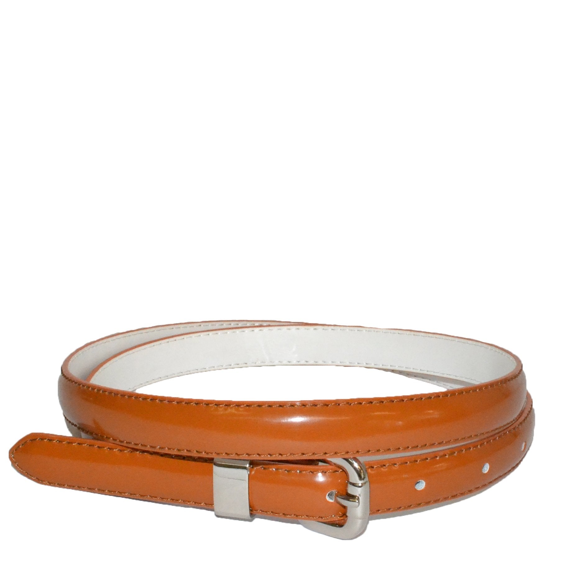 CARRIE - Womens Brown Patent Skinny Leather Belt with Silver Buckle  - Belt N Bags