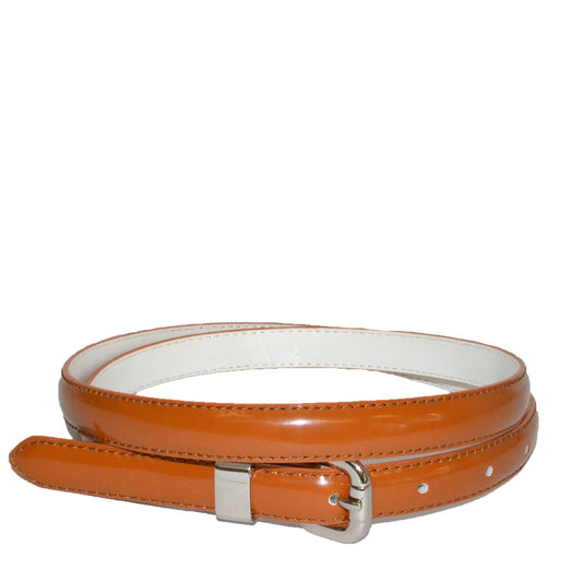 CARRIE - Womens Brown Patent Skinny Leather Belt with Silver Buckle  - Belt N Bags
