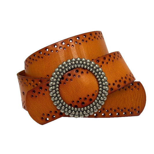 LILYDALE - Women's Tan Genuine Leather Belt with Round Silver buckle