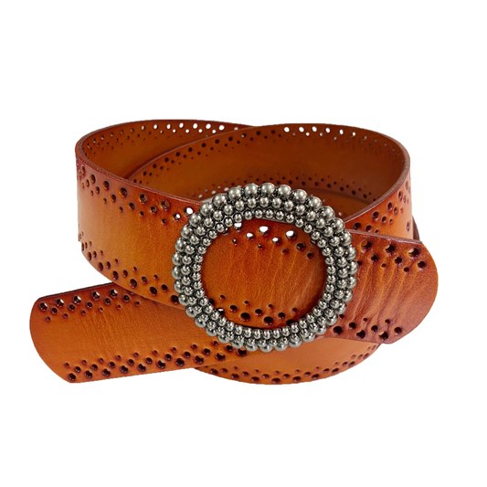 LILYDALE - Women's Tan Genuine Leather Belt with Round Silver buckle