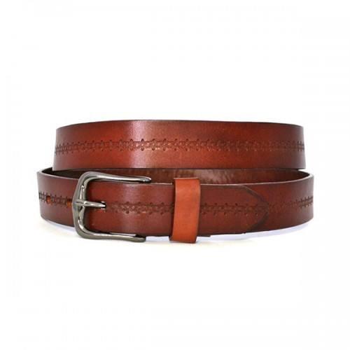 PATIA - Womens Tan Embossed Flower Pattern Leather Belt - BeltNBags