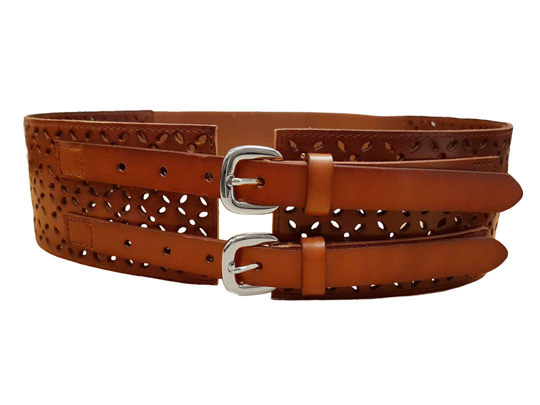PICTON - Addison Road Double Buckle Tan Wide Waist Belt
