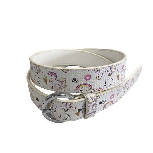 EMILY- Girls White Genuine Leather Unicorn Belt with Silver Buckle