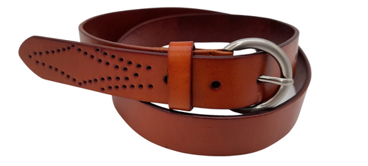 ESPERANCE - Women's Tan Genuine Leather Belt with Round Silver Buckle