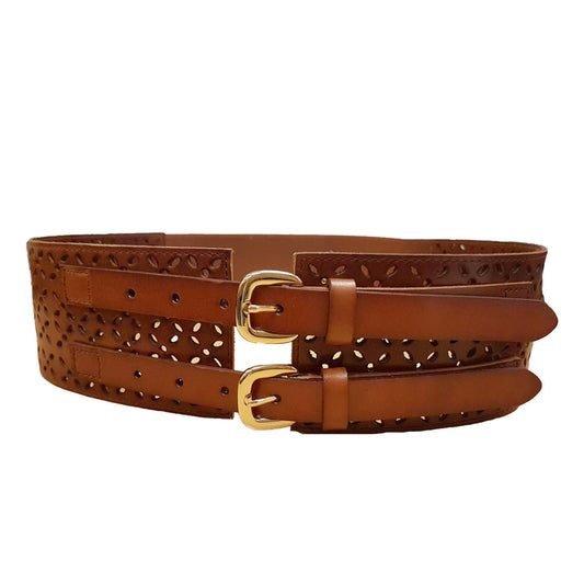 PICTON - Addison Road Double Buckle Tan Wide Waist Belt