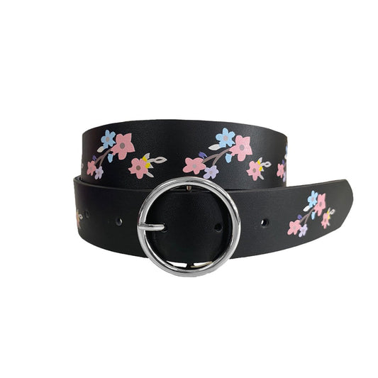 HARPER- Girls Black Genuine Leather Flower Belt with Silver Buckle