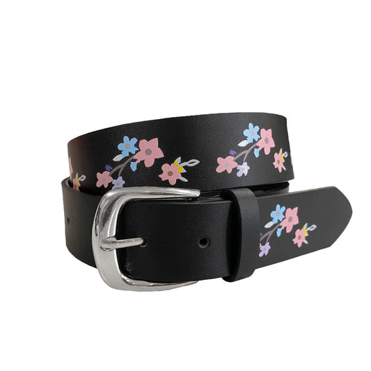 ARIA- Girls Black Genuine Leather Flower Belt with Square Silver Buckle