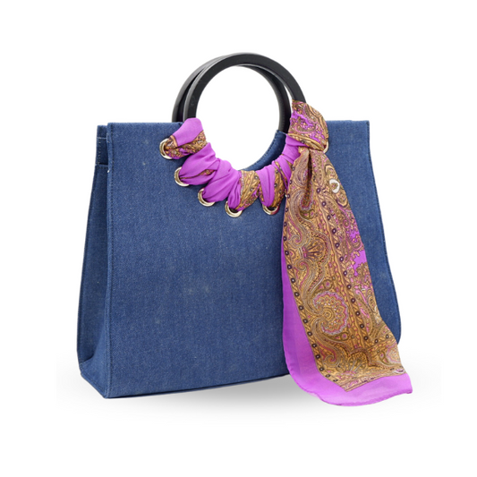 BONDI - Women's Blue Denim Ring Handbag With Twilly Scarf