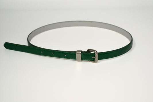 CARRIE -  Womens Dark Forest Green Patent Skinny Leather Belt with Silver Buckle