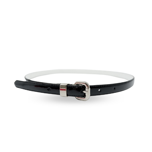CARRIE - Womens Black Patent Skinny Leather Belt with Silver Buckle