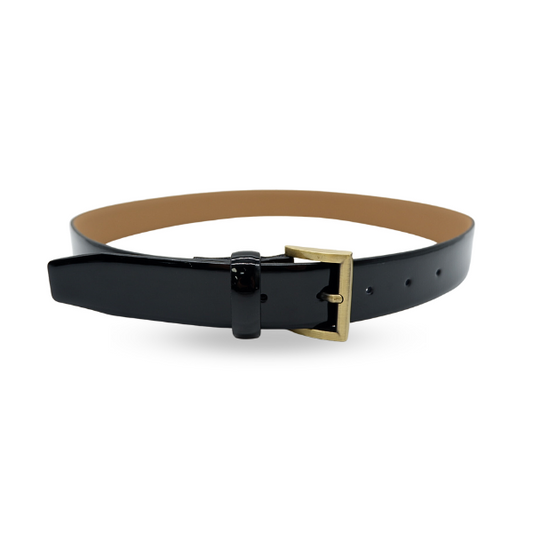 AURORA - Womens Black Genuine Leather Patent Belt with Gold Buckle