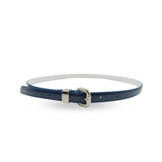 CARRIE -  Womens Navy Patent Skinny Leather Belt with Silver Buckle