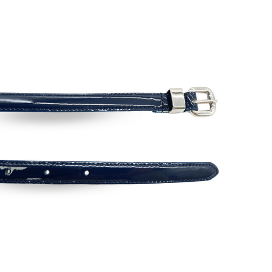 CARRIE -  Womens Navy Patent Skinny Leather Belt with Silver Buckle