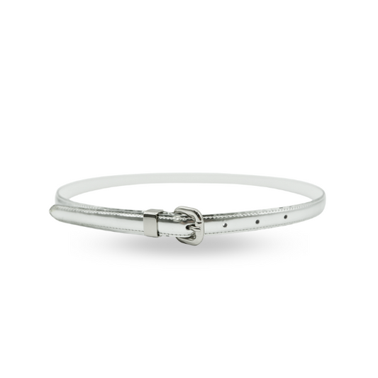 CARRIE -  Womens Silver Patent Skinny Leather Belt with Silver Buckle