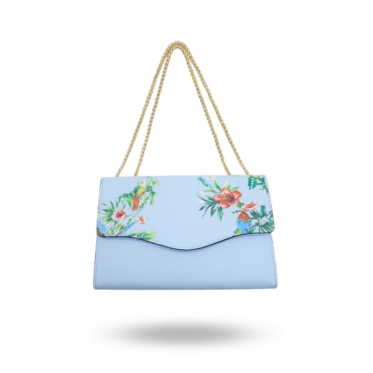 IVANHOE - Addison Road Blue Leather Clutch Bag with Tropical Print