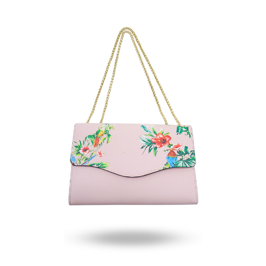 IVANHOE - Addison Road Blush Leather Clutch Bag with Tropical Print