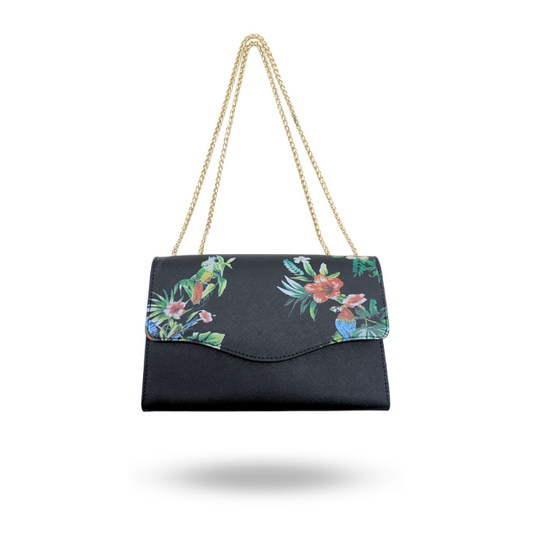 IVANHOE - Addison Road Black Leather Clutch Bag with Tropical Print