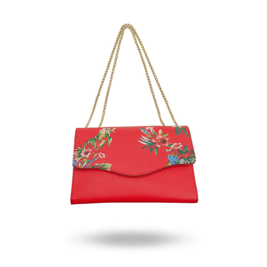 IVANHOE - Addison Road Red Leather Clutch Bag with Tropical Print