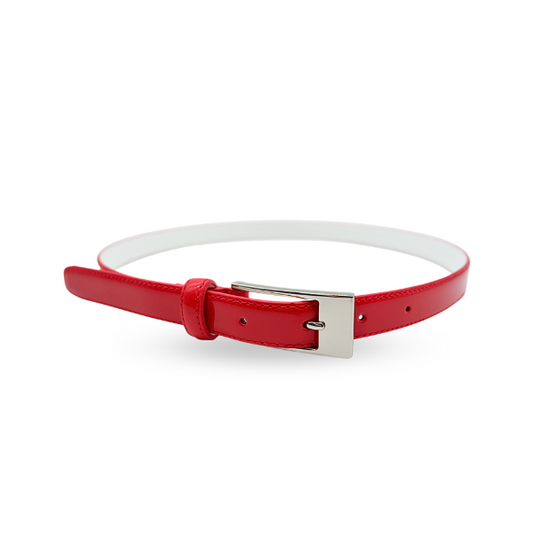 LACEY - Womens Red Skinny Genuine Leather Patent Belt with Silver Buckle