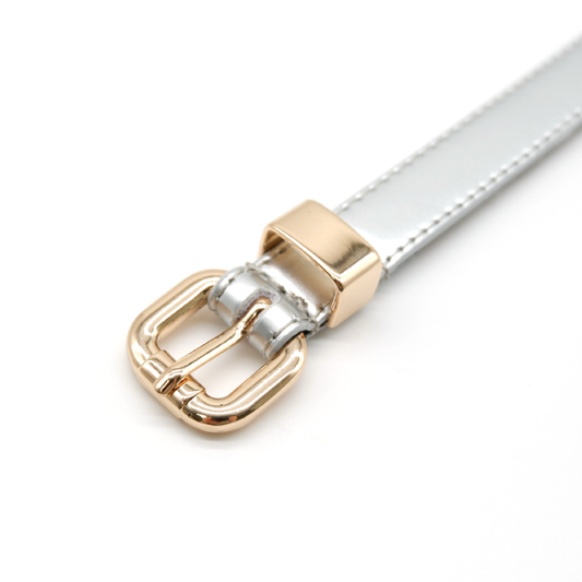 Queens Park - Womens Skinny Silver Patent Leather Belt with Gold Buckle