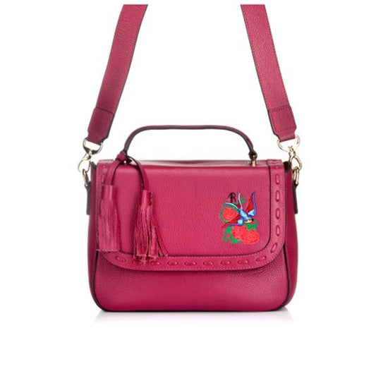 YAMBA- Addison Road Embroidered Magenta Pebbled Leather Structured Bag - BeltNBags