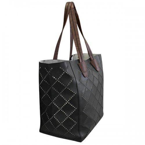 MIMOSA- Womens Black Laser Cut Faux Leather Shopper Tote Bag - BeltNBags