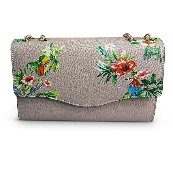IVANHOE - Addison Road Taupe Leather Clutch Bag with Tropical Print  - Belt N Bags