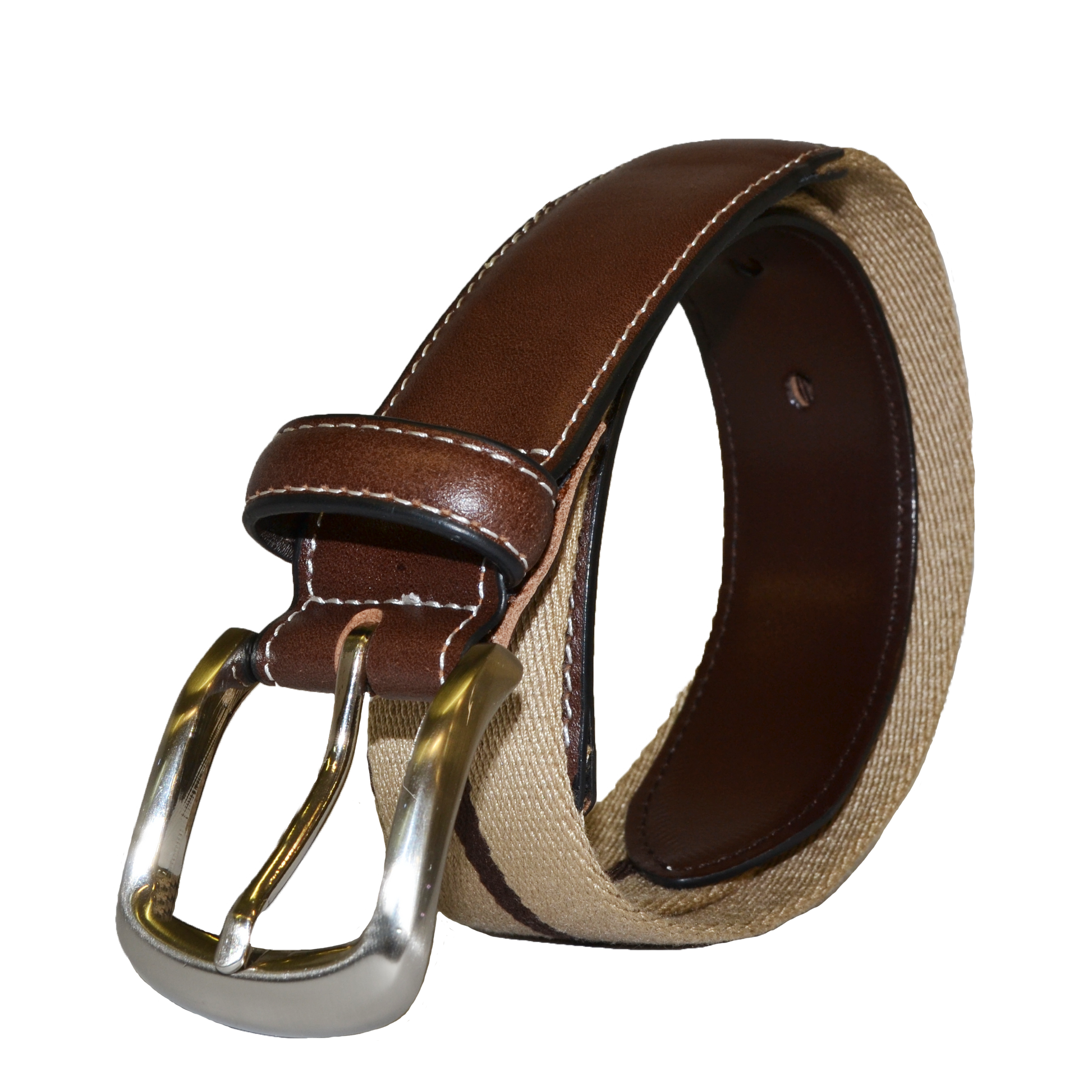 DUKE - Cotton Canvas Men's Brown Single Stripe Leather Belt  - Belt N Bags