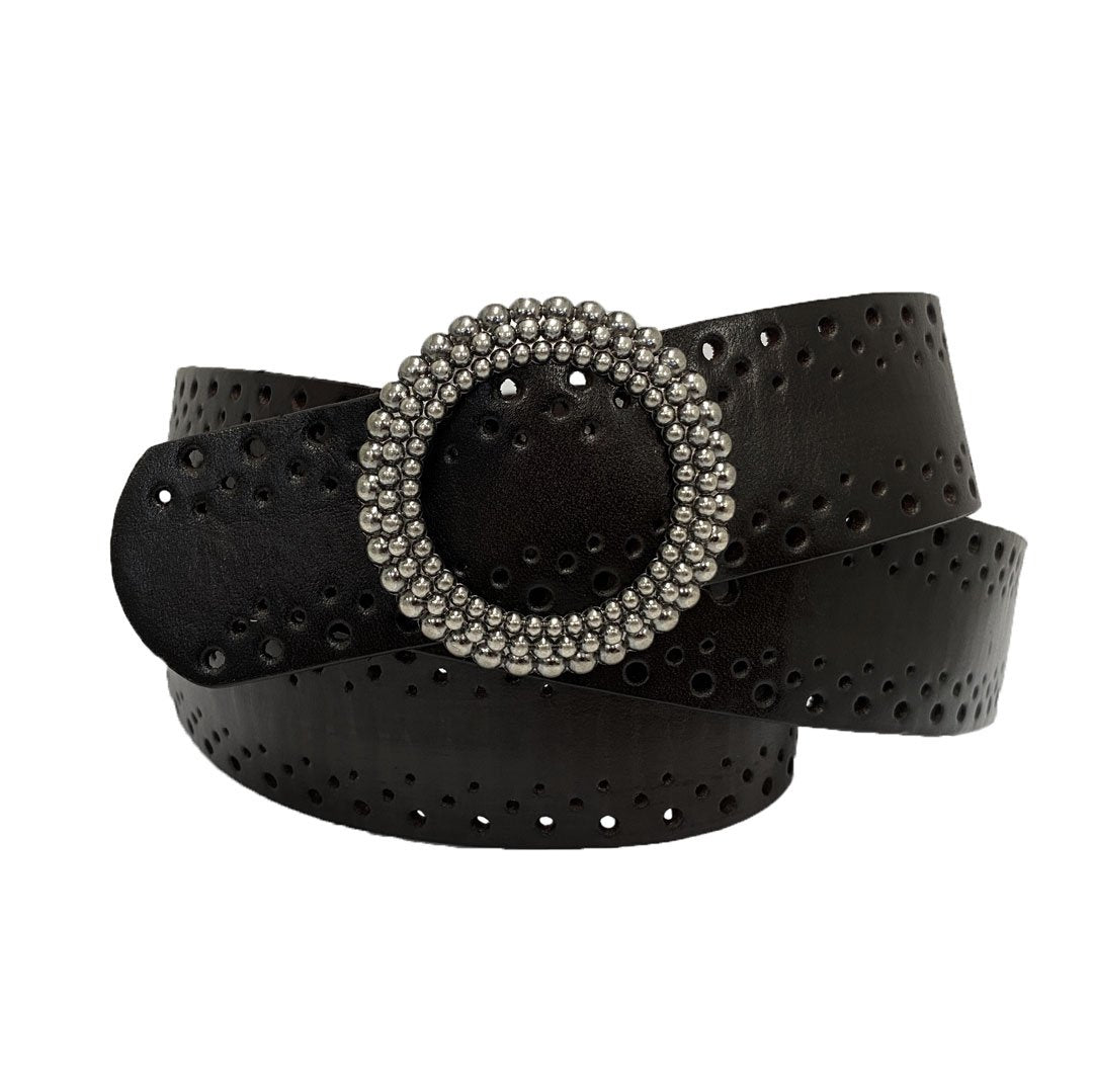 IRIS - Women's Black Genuine Leather Belt with Round Silver buckle ...