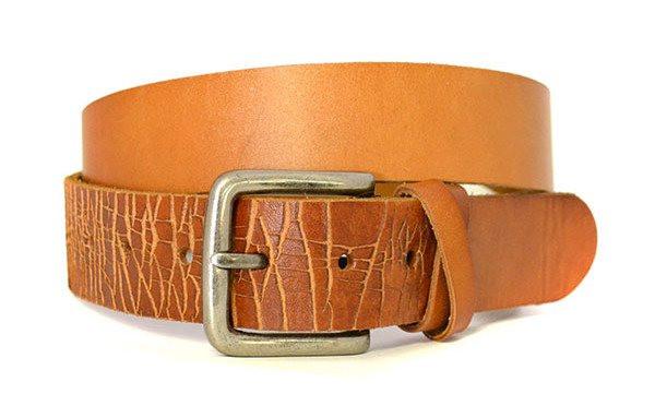LLOYD - Mens Light Brown Leather Crackle Detail Belt with Silver Buckle - BeltNBags