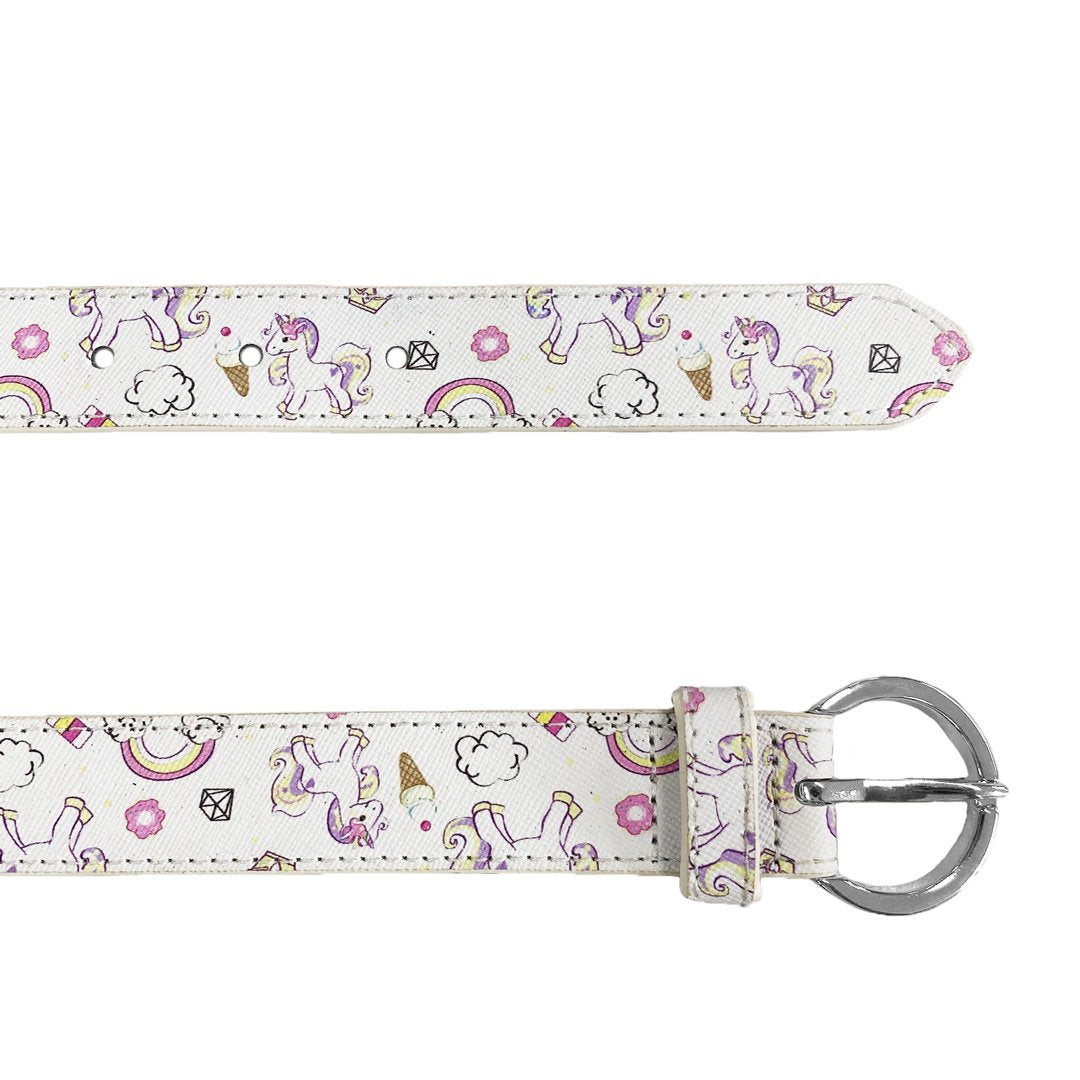 EMILY- Girls White Genuine Leather Unicorn Belt with Silver Buckle